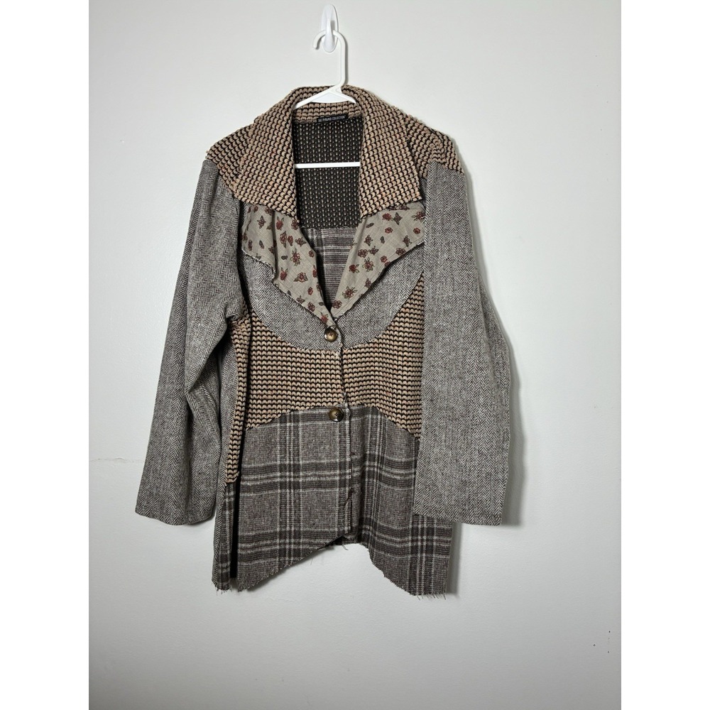 The Pyramid Collection Mixed Media Button Front Sweater Sz XL Patchwork Art